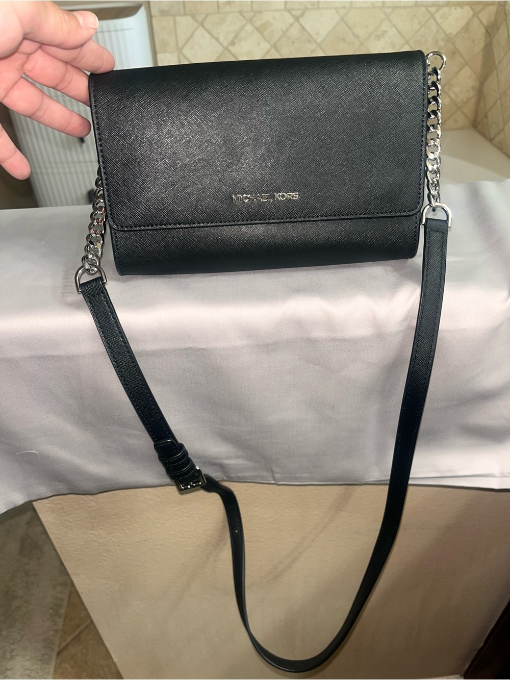 Michael Kors Black Saffiano Crossbody with Silver Chain Strap